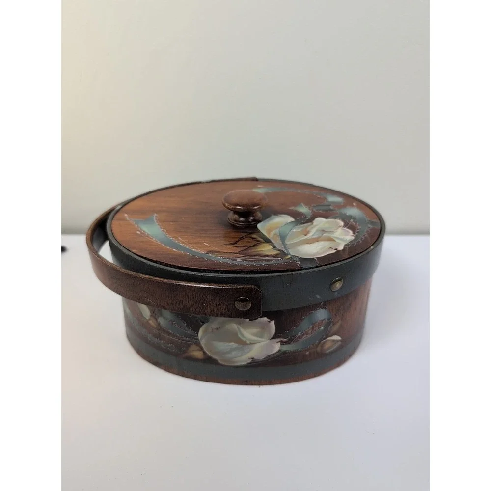 Wooden‎ Wood Handled Bucket Pale Box Floral  With Lid Vintage
